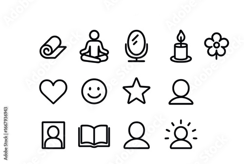 Self-Love Icon Set. Outline icon set of Self-love practices: yoga mat, meditation pose, mirror, candle, heart,