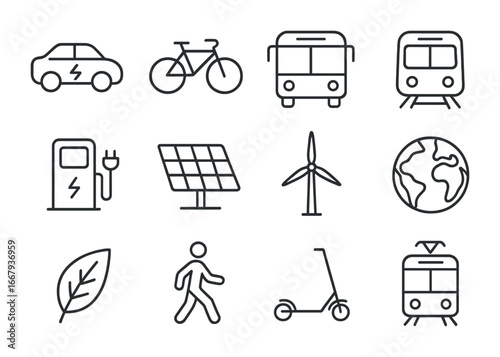 Renewable Transportation Icons. Outline icon set of Renewable Transportation: electric car, bicycle, bus,