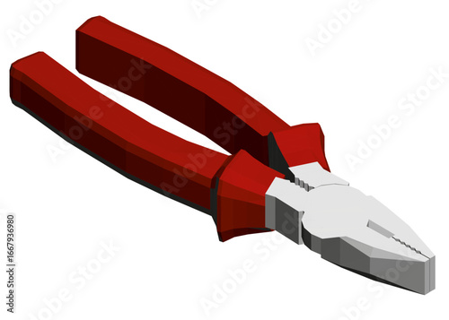 Red wire cutting pliers with sharp pointed tip and comfortable handle on white background. Ideal for cutting through wires in polygonal style.