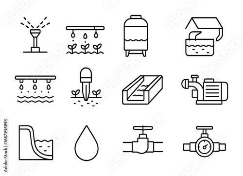 Irrigation Icon Set. Outline icon set of Irrigation and water management: sprinkler, drip system, water tank,