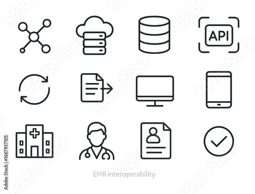 EHR Interoperability Icons. Outline icon set of EHR interoperability: network, cloud server, database, API