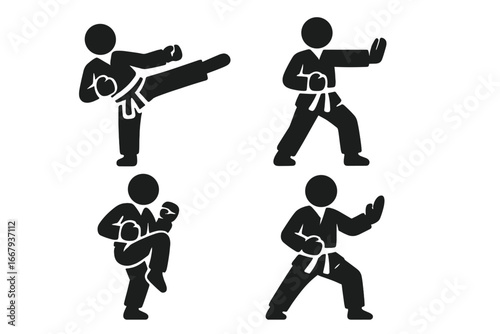 Martial arts solid icons. Vector stick figure pictogram set. Karate man in various combat poses. Side kick, palm strike, knee thrust, and fighting block stance.