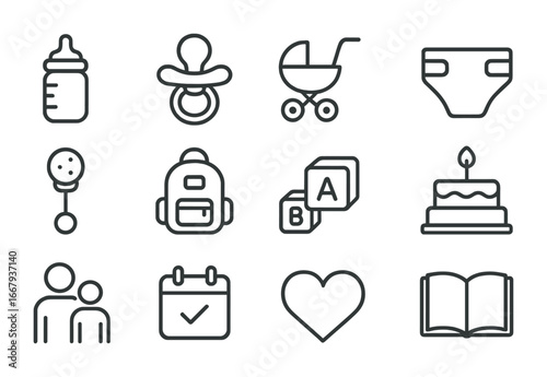 Parenting Journey Icons. Outline icon set of Parenting journey documentation: baby bottle, pacifier, stroller,