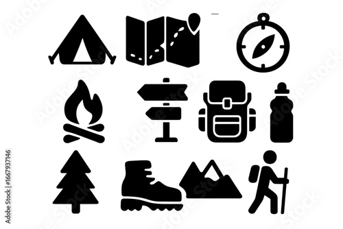 Wallpaper Mural Outdoor Adventure Icon Set, Camping and Hiking Symbols, Navigation and Backpack Vector Collection, Solid Design with Transparent Background, Trekking Gear Elements Torontodigital.ca