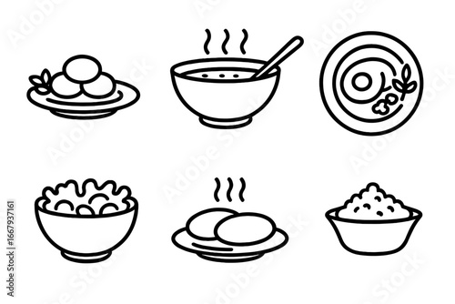Meal course outline icon set. Appetizer, soup, main dish, salad, side dish vector symbols. Food icons for restaurant menu, culinary graphic design, cooking website or mobile app.