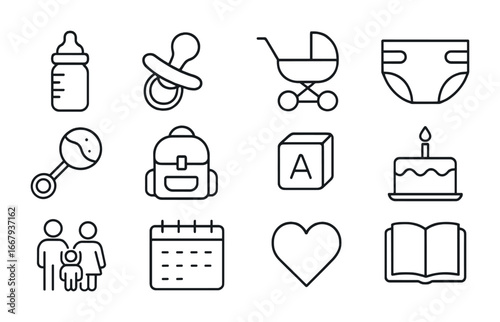 Parenting Journey Icons. Outline icon set of Parenting journey documentation: baby bottle, pacifier, stroller,