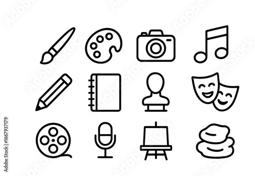 Creative Expression Icons. Outline icon set of Creative expression journaling: paintbrush, palette, camera,