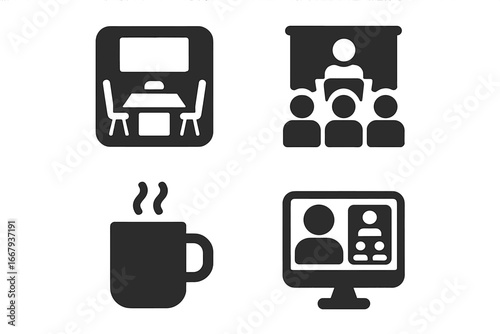 Meeting and conference solid glyph icon set. Business presentation, seminar, virtual meeting, video call, coffee break and office room symbols. Vector pictogram illustration.