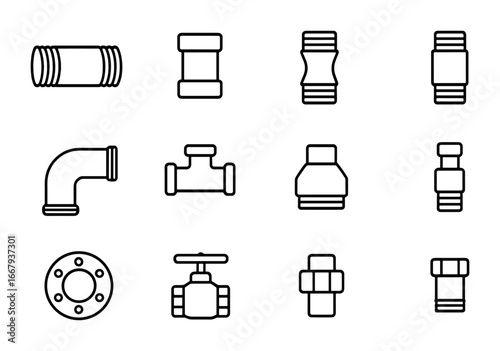 Threaded Pipe Icon Set. Outline icon set of Threaded pipe types: steel pipe, PVC pipe, copper pipe, galvanized