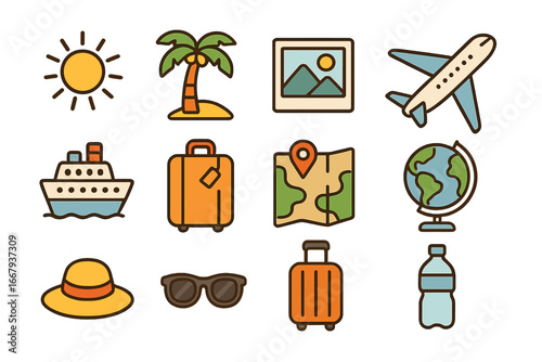 Travel essentials icons set featuring transportation, summer vacation necessities, activities, luggage, maps, sunglasses, sun hat, globe, and water bottle in cartoon vector style
