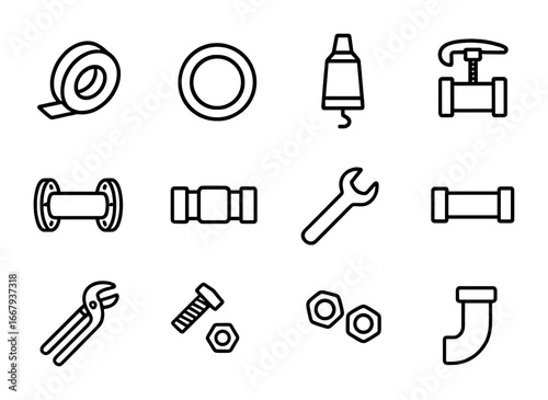Pipe Sealing Icons. Outline icon set of Pipe sealing techniques: thread tape, gasket, sealant, clamp, flange,