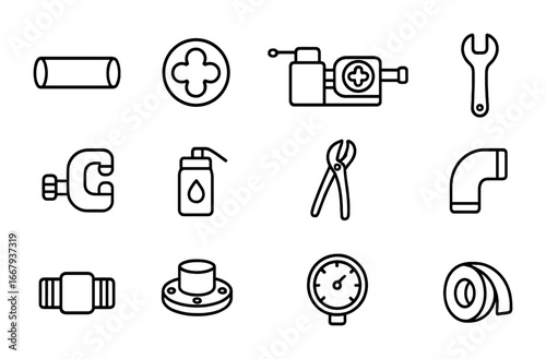 Pipe Threading Icons. Outline icon set of Pipe threading process: pipe, die, threading machine, wrench, cutter