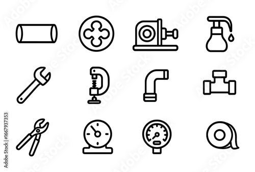 Pipe Threading Icons. Outline icon set of Pipe threading process: pipe, die, threading machine, wrench, cutter
