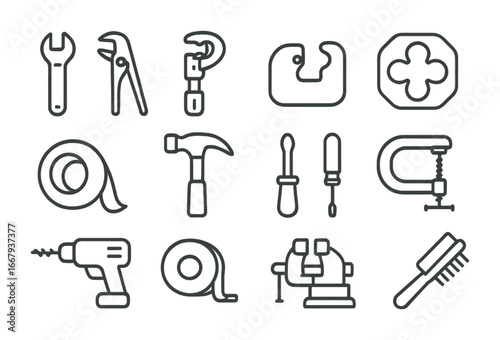Mechanical Tool Icons. Outline icon set of Mechanical plumbing tools: wrench, pliers, pipe cutter, die, tape,