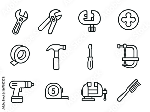 Mechanical Tool Icons. Outline icon set of Mechanical plumbing tools: wrench, pliers, pipe cutter, die, tape,