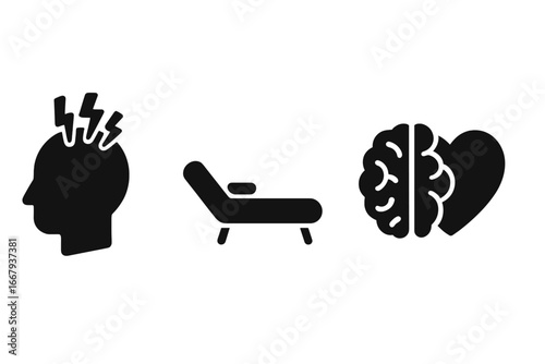 Mental health solid icon set. Stress, headache & anxiety symbol. Psychotherapy couch for therapy & counseling. Brain & heart for psychology & emotional intelligence concept.