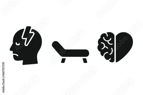Mental health solid glyph icon set. Psychology, stress, headache, and therapy concepts. Psychotherapy couch, and emotional intelligence with brain and heart symbol vector.
