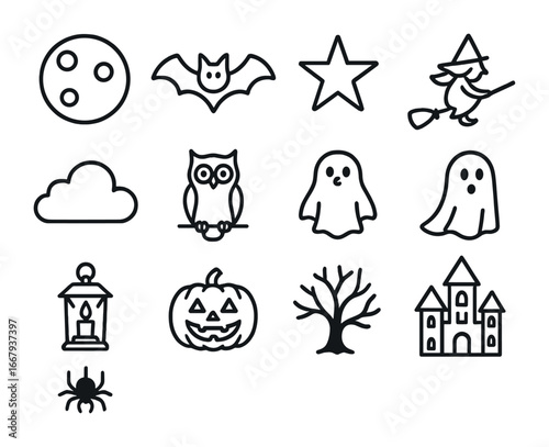 Halloween Night Icons. Outline icon set of Halloween night sky: full moon, bat, star, cloud, owl, witch flying