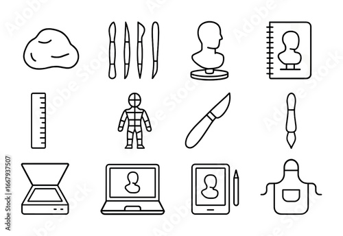 Sculpture Tools Icons. Outline icon set of Sculpture and 3D art: clay, sculpting tools, modeling stand,