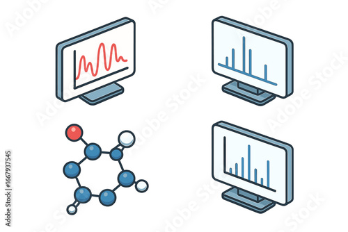 Molecular analysis vector icon set. Isometric icons of spectroscopic methods like infrared, NMR, and mass spectrometry. Science laboratory research and chemistry concepts.