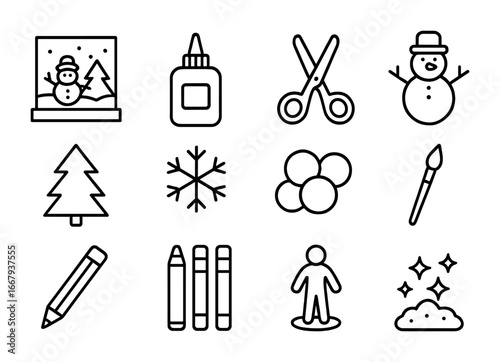 Snowy Icon Set. Outline icon set of Snowy scene diorama: paper, glue, scissors, snowman, pine tree, snowflake,