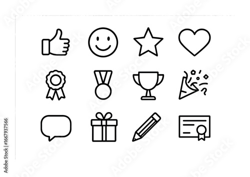 Positive Icon Set. Outline icon set of Positive reinforcement: thumbs up, smiley face, star, heart, ribbon,