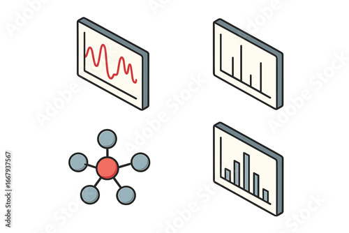 Molecular analysis isometric icon set. Spectroscopic data visualization concept. Chemistry science vector icons with infrared spectrum, NMR, mass spectrometry graph, and molecule.