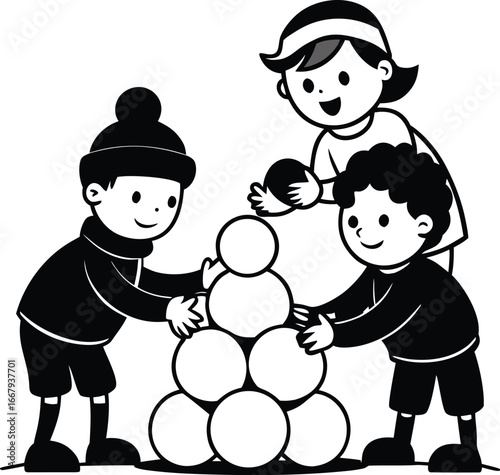 Snowmen Children Making Snowball Snowman Tower