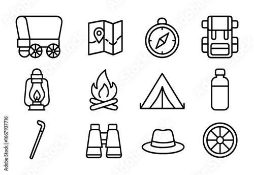 Outdoor Exploration Icons. Outline icon set of Outdoor travel and exploration: wagon, map, compass, backpack,