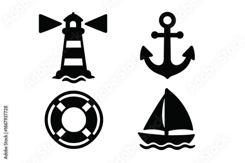 Nautical marine icon set with lighthouse, anchor, sailboat and lifebuoy symbols. Sea and ocean travel elements. Maritime navigation and safety signs vector illustration.