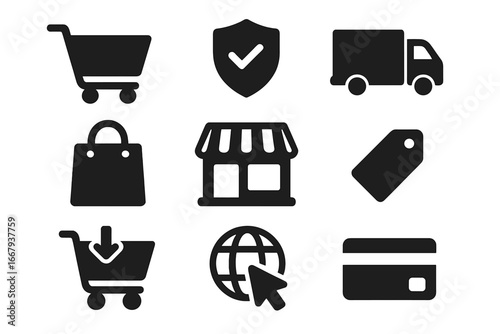 Shopping and e-commerce solid icon set, including cart, online security, delivery, store, tag, global internet, payment, and shopping bag icons, vector cartoon illustration