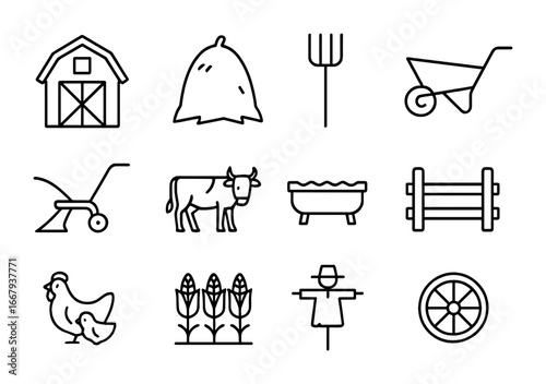 Farm Icon Grid. Outline icon set of Farm life and wagons: barn, haystack, pitchfork, wheelbarrow, plow, oxen,