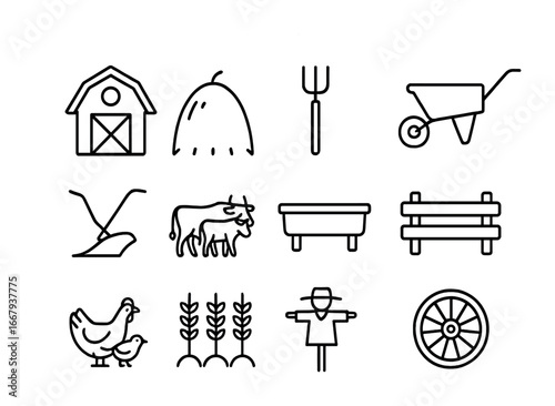 Farm Icon Grid. Outline icon set of Farm life and wagons: barn, haystack, pitchfork, wheelbarrow, plow, oxen,