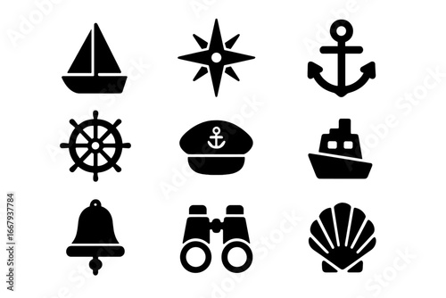 Nautical marine solid icon set. Sea navigation and adventure symbols collection. Vector illustration with sailboat, anchor, ship wheel, compass, captain hat, bell, and binoculars.