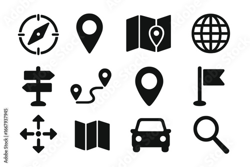 Navigation and travel glyph icon set. Location, destination and mapping solid icons. GPS, route, map pin, compass, direction and transport vector pictogram collection.