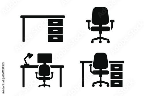 Office furniture silhouette icon set. Desk, chair, and workspace symbols. Minimalist vector illustration for business concepts. Workplace equipment and ergonomic interior design.