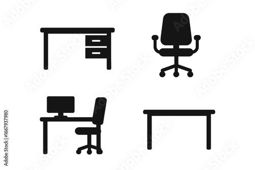 Office furniture icon set. Desk, chair, and table silhouette collection. Workspace, workstation and workplace symbols. Minimalist vector illustration for business interior design.