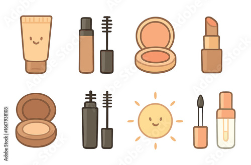 Natural Makeup Icons Grid. Flat vector mini-illustrations natural makeup look in colors children's