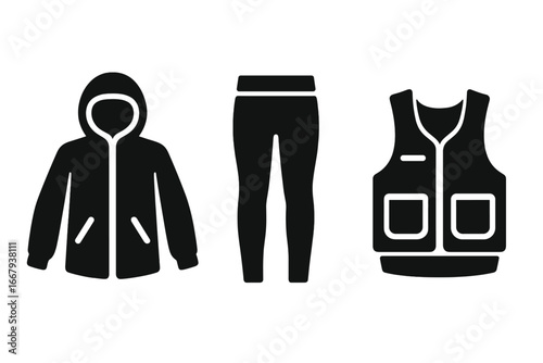 Outdoor fitness gear icon set. Solid glyph vector illustration of sportswear apparel. Windbreaker jacket, thermal leggings, and running vest. Sport equipment silhouettes.