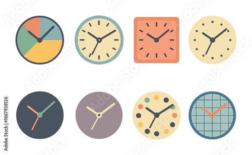 Colorful Clock Collection. Flat vector mini-illustrations modern wall clocks in colors children's