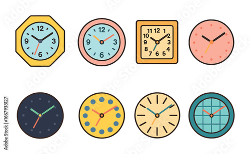 Colorful Clock Collection. Flat vector mini-illustrations modern wall clocks in colors children's