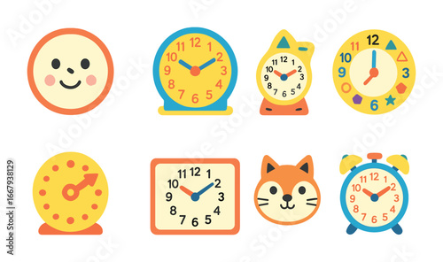 Colorful Learning Clocks. Flat vector mini-illustrations children’s learning clocks in colors children's