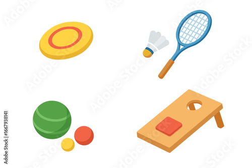 Outdoor games icon set. Isometric vector of summer lawn game equipment. Collection with frisbee, badminton racket, shuttlecock, bocce ball, and cornhole board. Family fun.
