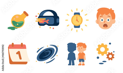Whimsical Time Travel Adventure. Flat vector mini-illustrations accidental time travel in colors children's
