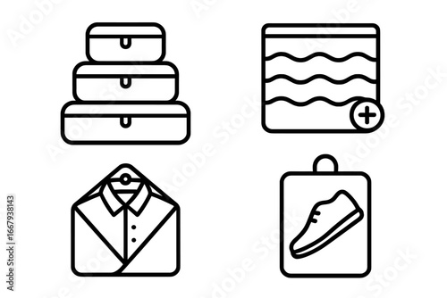 Packing tools icon set for travel organization. Vector outline symbols of luggage essentials like packing cubes, compression bags, garment folders, and shoe bags. Baggage concept.