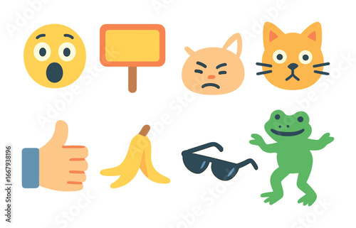 Meme Icons for Kids. Flat vector mini-illustrations meme culture in colors children's illustrations: surprised