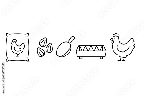 Poultry feeding outline icon set. Vector symbols for chicken farming and agriculture. Includes feed sack, corn kernels, scoop, trough feeder, and hen. Livestock concept.