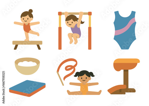 Gymnastics Icon Grid. Flat vector mini-illustrations gymnastics practice in colors children's illustrations: