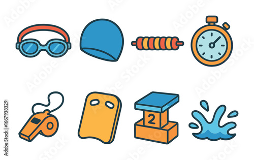 Swimming Training Icons. Flat vector mini-illustrations swimming training in colors children's illustrations: