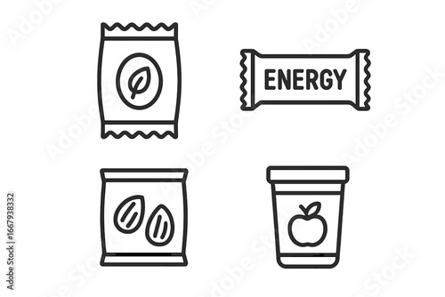 Snack packaging line icon set with healthy and energy snacks, simple line style collection, vector cartoon illustration, transparent background, ordered set of 4 icons